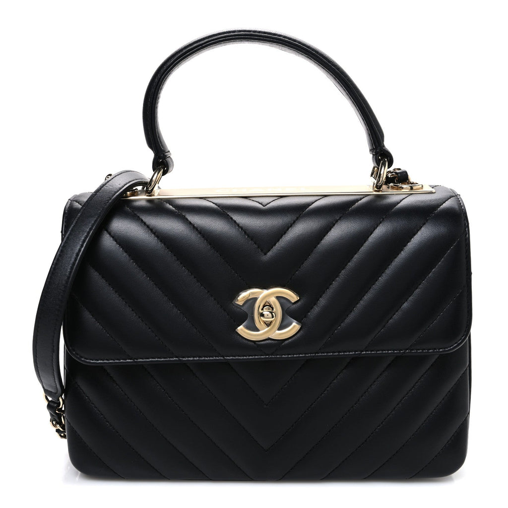 Lambskin Chevron Quilted Small Trendy CC Flap Dual Handle Bag Black